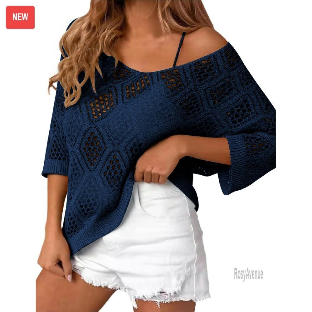 Women's 3/4 Sleeve Crochet Off Shoulder V-Neck Sweater Cover Up